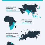 Global map highlighting countries that drive on the left side of the road in blue, contrasting with the orange-colored countries that drive on the right, illustrating worldwide driving side differences.