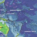 Map showing the location of Marianas Trench and Kermadec Trench in the Western Pacific Ocean. Challenger Deep is labeled as the deepest point.