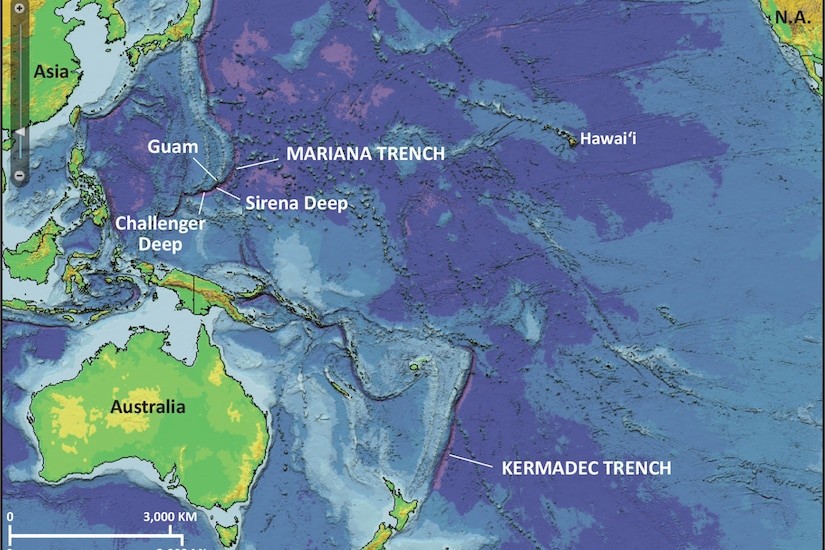 Map showing the location of Marianas Trench and Kermadec Trench in the Western Pacific Ocean. Challenger Deep is labeled as the deepest point.