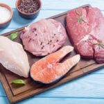 Selection of animal-based foods allowed on the carnivore diet, including raw chicken, pork, salmon, and beef, displayed on a wooden cutting board