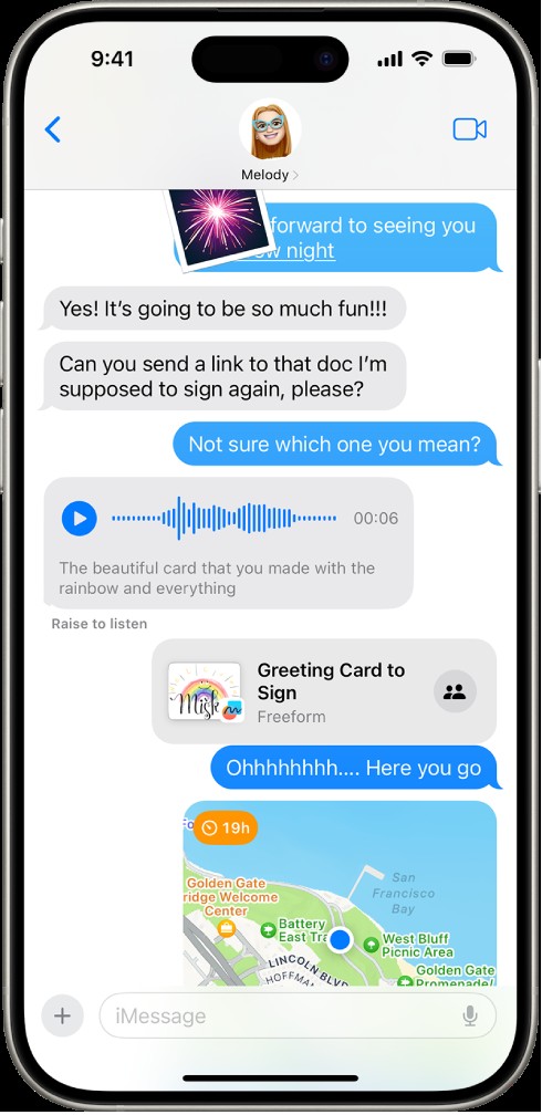 iMessage interface on iPhone showcasing blue message bubbles and various features like message effects and Memoji, highlighting Apple's advanced messaging service.