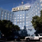 The Church of Scientology's 'Big Blue' building in Los Angeles, reflecting Scientology architecture and presence in Hollywood.