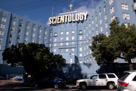 The Church of Scientology's 'Big Blue' building in Los Angeles, reflecting Scientology architecture and presence in Hollywood.