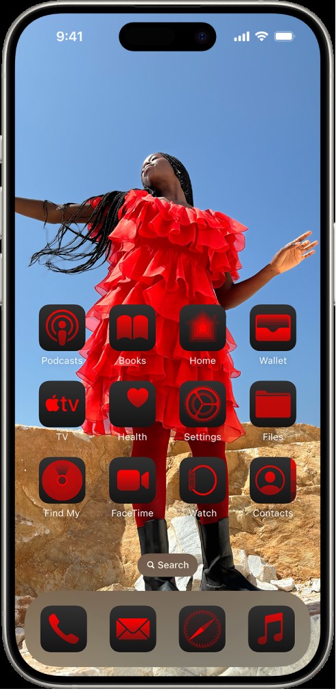 iPhone Home Screen with tinted apps matching the wallpaper.