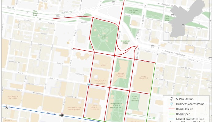 Map of road closures and traffic restrictions in Philadelphia for the Presidential Debate on September 10th, 2024. The map details street closures around the National Constitution Center between 4th and 7th Streets, from Arch to Market Streets.