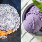 Visually striking ube desserts showcasing the vibrant purple color of ube: ube glazed cronut and ube ice cream.