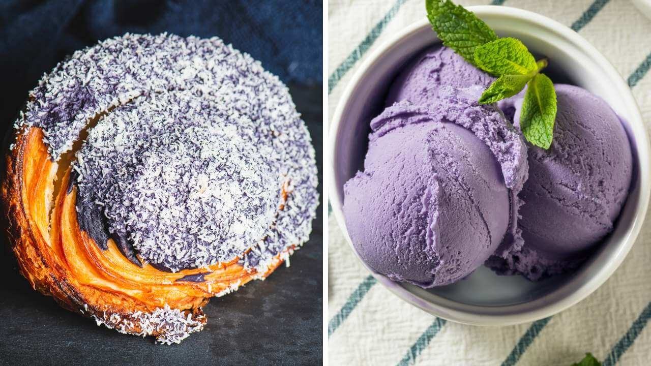 Visually striking ube desserts showcasing the vibrant purple color of ube: ube glazed cronut and ube ice cream.