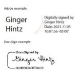 Examples of a validated e-signature with a validation envelope (date and time details) done in Adobe Acrobat and DocuSign