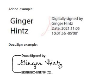 Examples of a validated e-signature with a validation envelope (date and time details) done in Adobe Acrobat and DocuSign