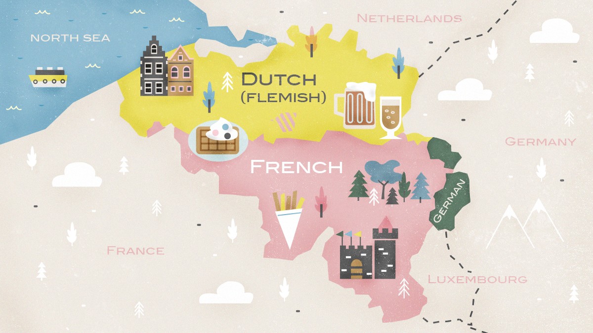 Linguistic Map of Belgium Showcasing Dutch, French, and German Speaking Regions