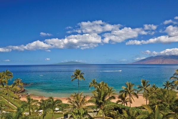 Beautiful sunny beach in Maui, Hawaii, showcasing the ideal weather for a visit any time of year.