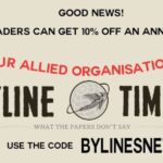 A mobile phone displaying an advertisement for Byline Times.