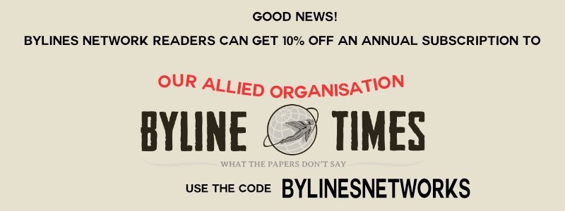 A mobile phone displaying an advertisement for Byline Times.