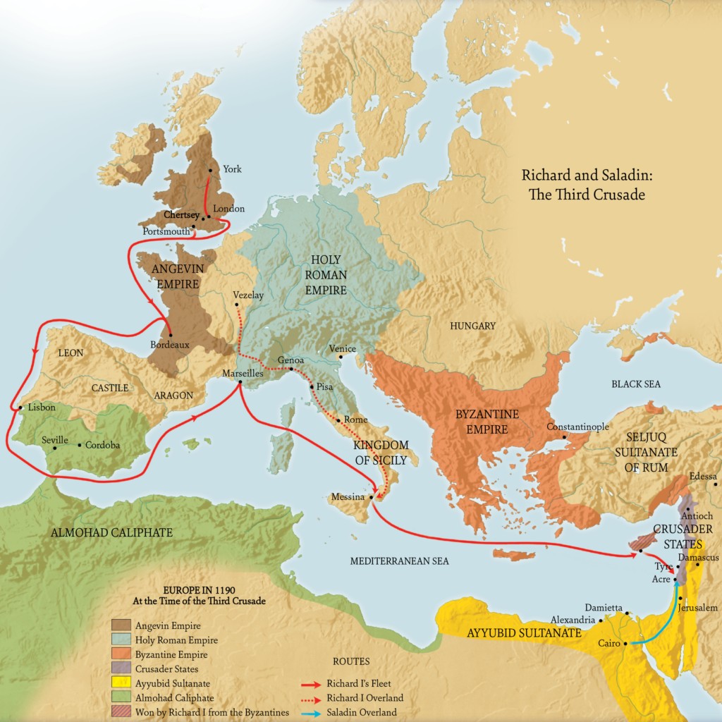 Map of the Medieval Mediterranean depicting Crusader routes and political boundaries during the Crusades era.