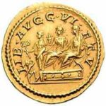 This golden coin (aureus) was minted in AD 211-2, in the joint reign of the Emperors Caracalla and Geta. It shows the two brothers as consuls, sitting side-by-side in special