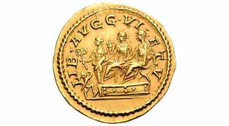 This golden coin (aureus) was minted in AD 211-2, in the joint reign of the Emperors Caracalla and Geta. It shows the two brothers as consuls, sitting side-by-side in special