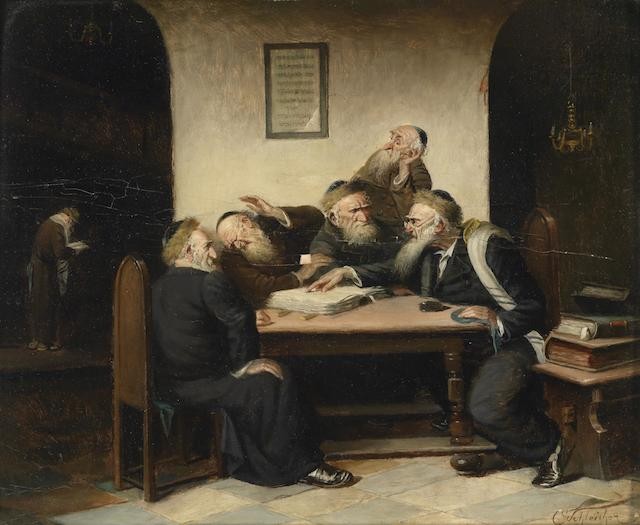 A painting depicting a Talmudic debate, illustrating the analytical nature of Talmud study.