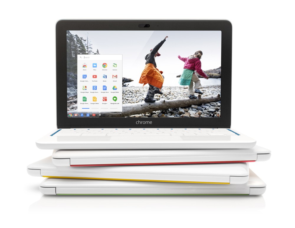 Close-up of a modern Chromebook laptop, highlighting its thin profile and keyboard, representing a typical Chromebook device.