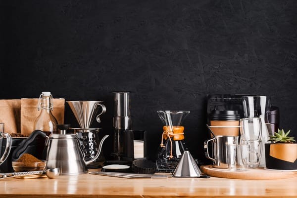 Various coffee brewing tools in a cafe setting, emphasizing the importance of proper equipment for making quality coffee drinks like Americanos.