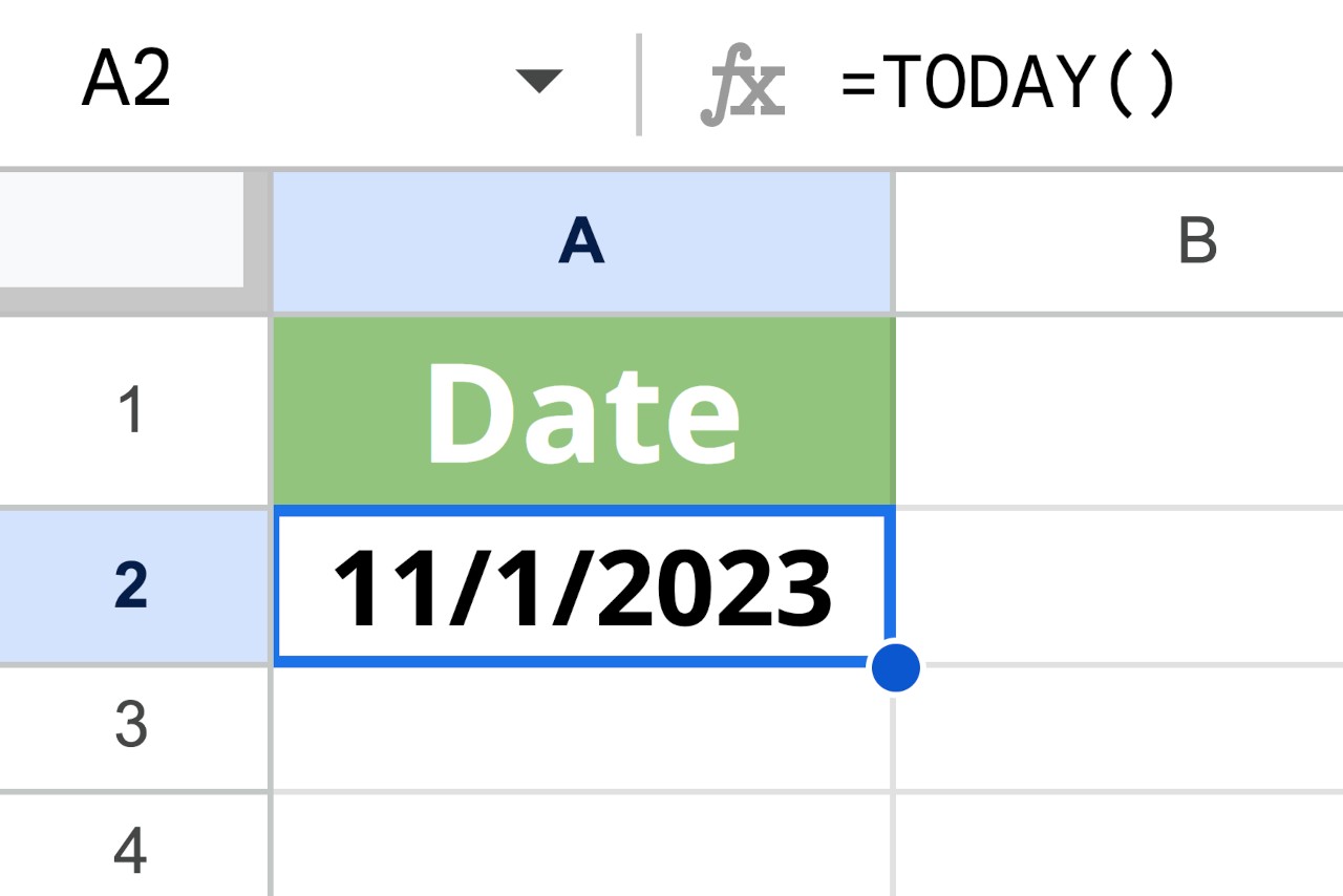 Formula =TODAY() in Google Sheets or Microsoft Excel to display the current date.