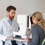 A doctor uses an ophthalmoscope to examine a patient's eye, checking for keratitis and other conditions misdiagnosed as pink eye.