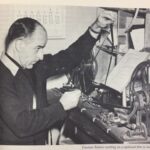 Emerson Romero checking 16mm film frames against a caption list, highlighting his pioneering work in captioned films for the deaf.