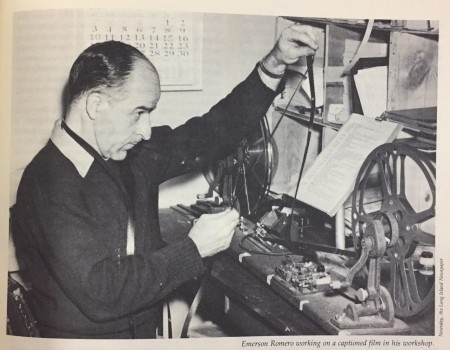 Emerson Romero checking 16mm film frames against a caption list, highlighting his pioneering work in captioned films for the deaf.