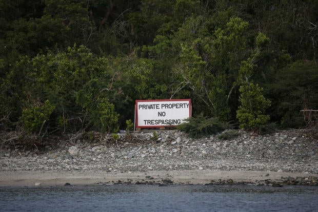 Private property sign on Little St. James Island, owned by Jeffrey Epstein