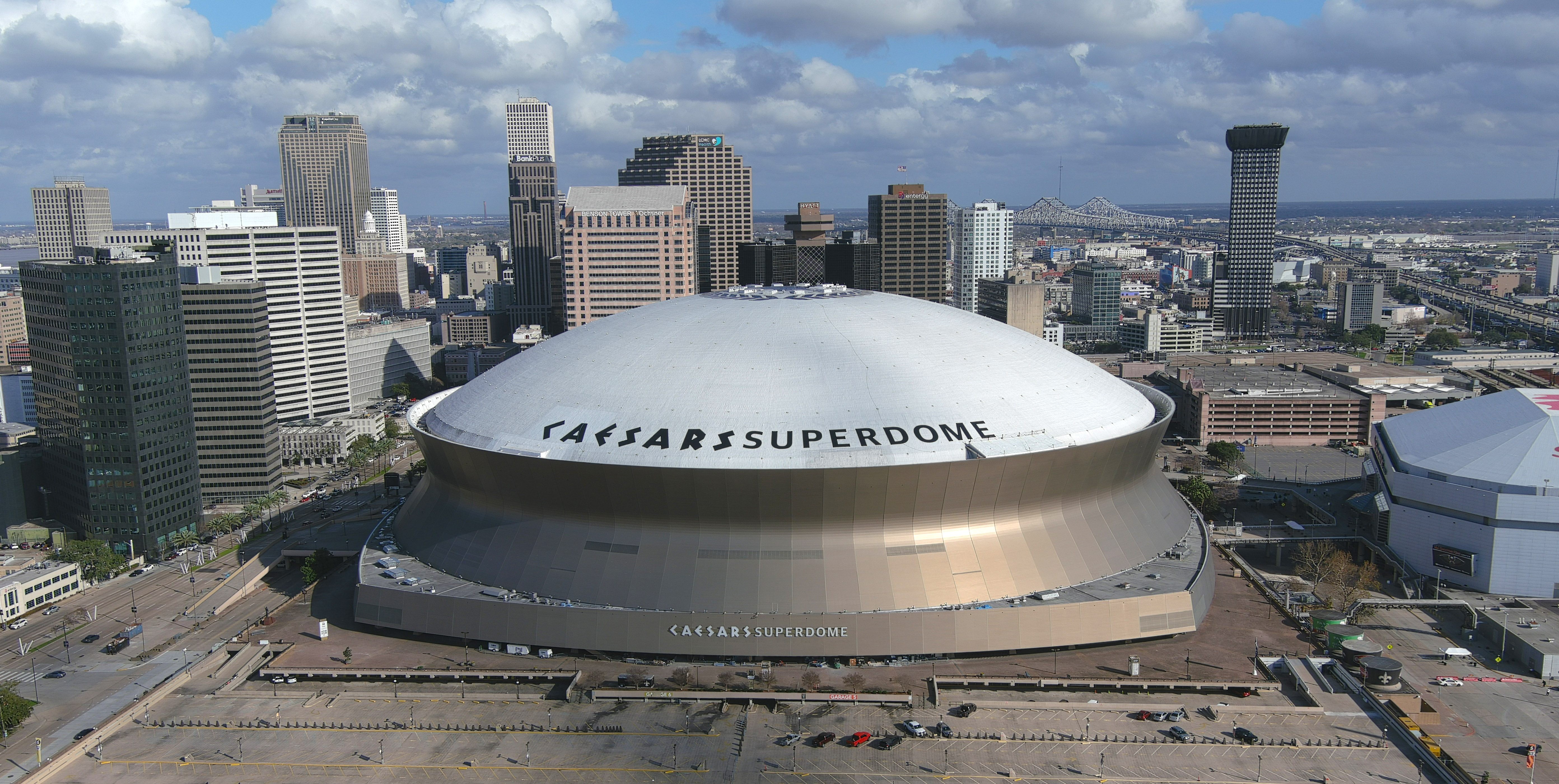 Aerial view of Caesars Superdome in New Orleans, the host stadium for Super Bowl LIX in 2025.