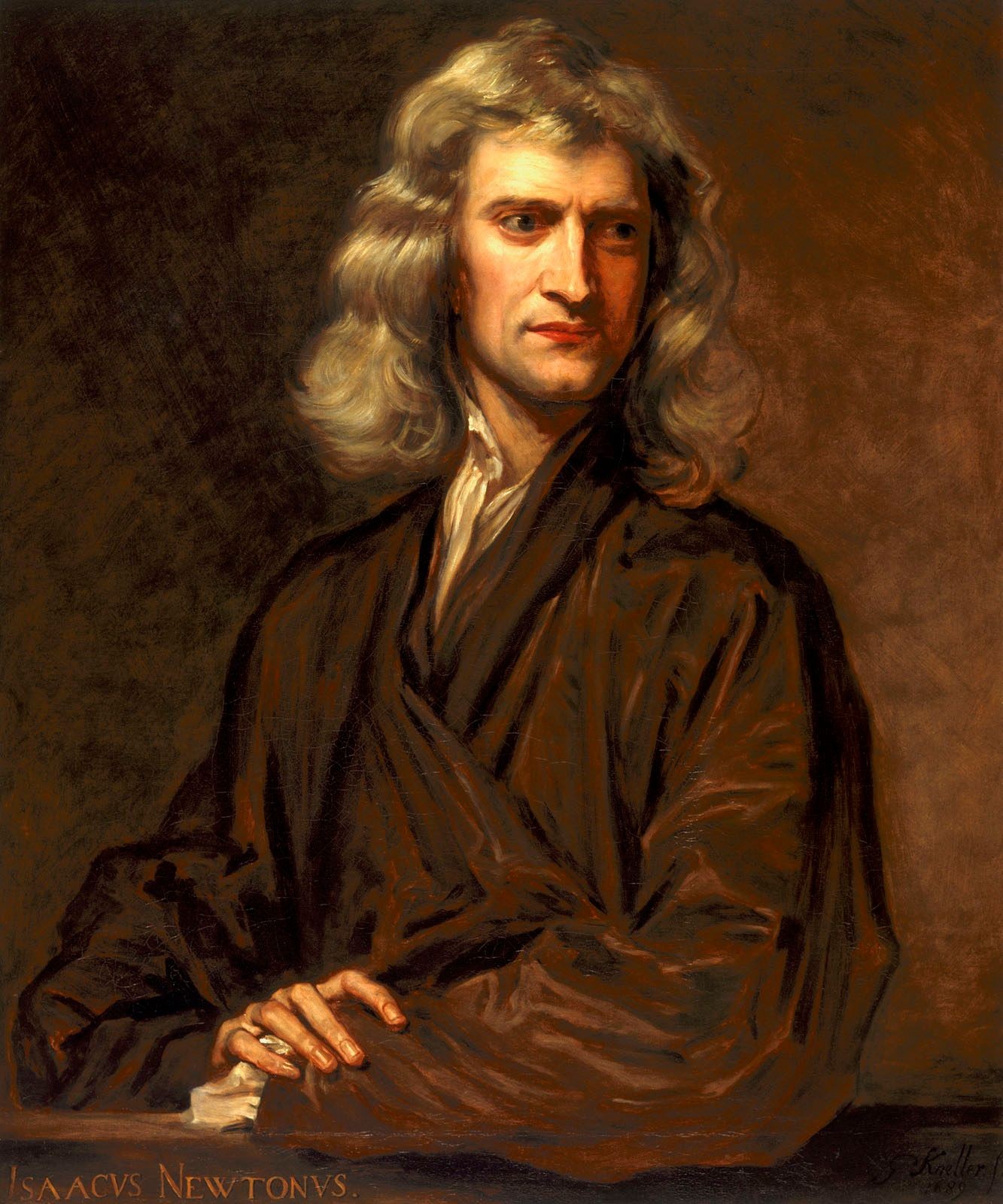 Sir Isaac Newton, a pivotal figure of the Scientific Revolution, whose laws of motion and universal gravitation profoundly influenced Enlightenment thought. Portrait by Godfrey Kneller, 1689.