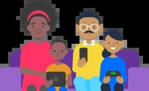 A family sits on their sofa, holding various devices, representing online safety and digital family toolkit.