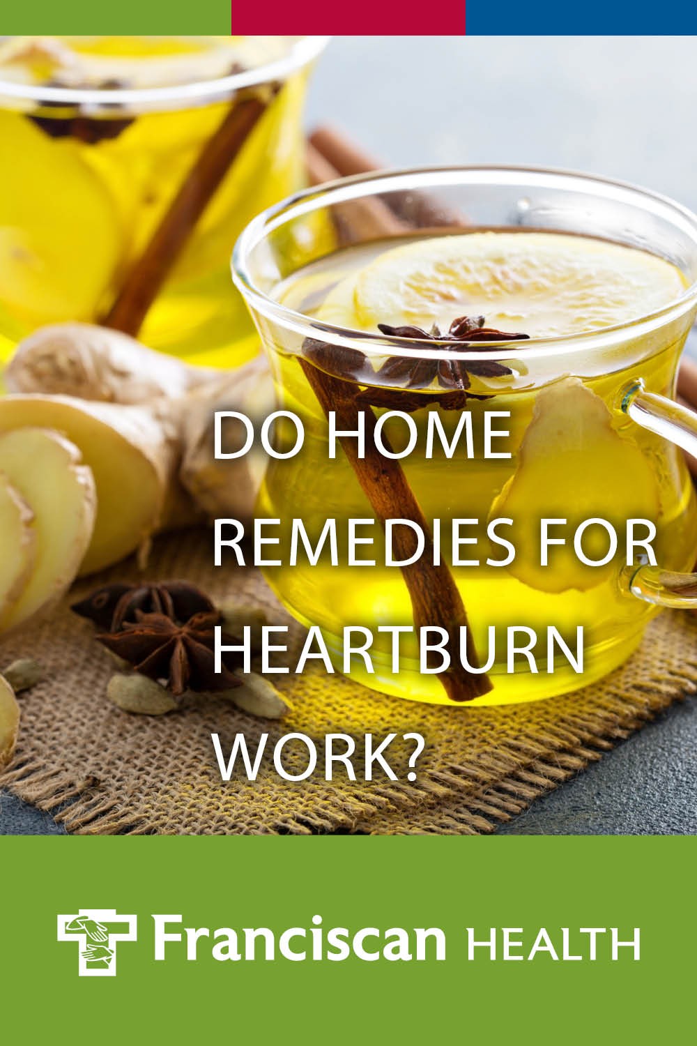 Various home remedies for heartburn are displayed, including a glass of milk, a banana, yogurt, and a bottle of apple cider vinegar, suggesting natural approaches to soothe acid reflux symptoms