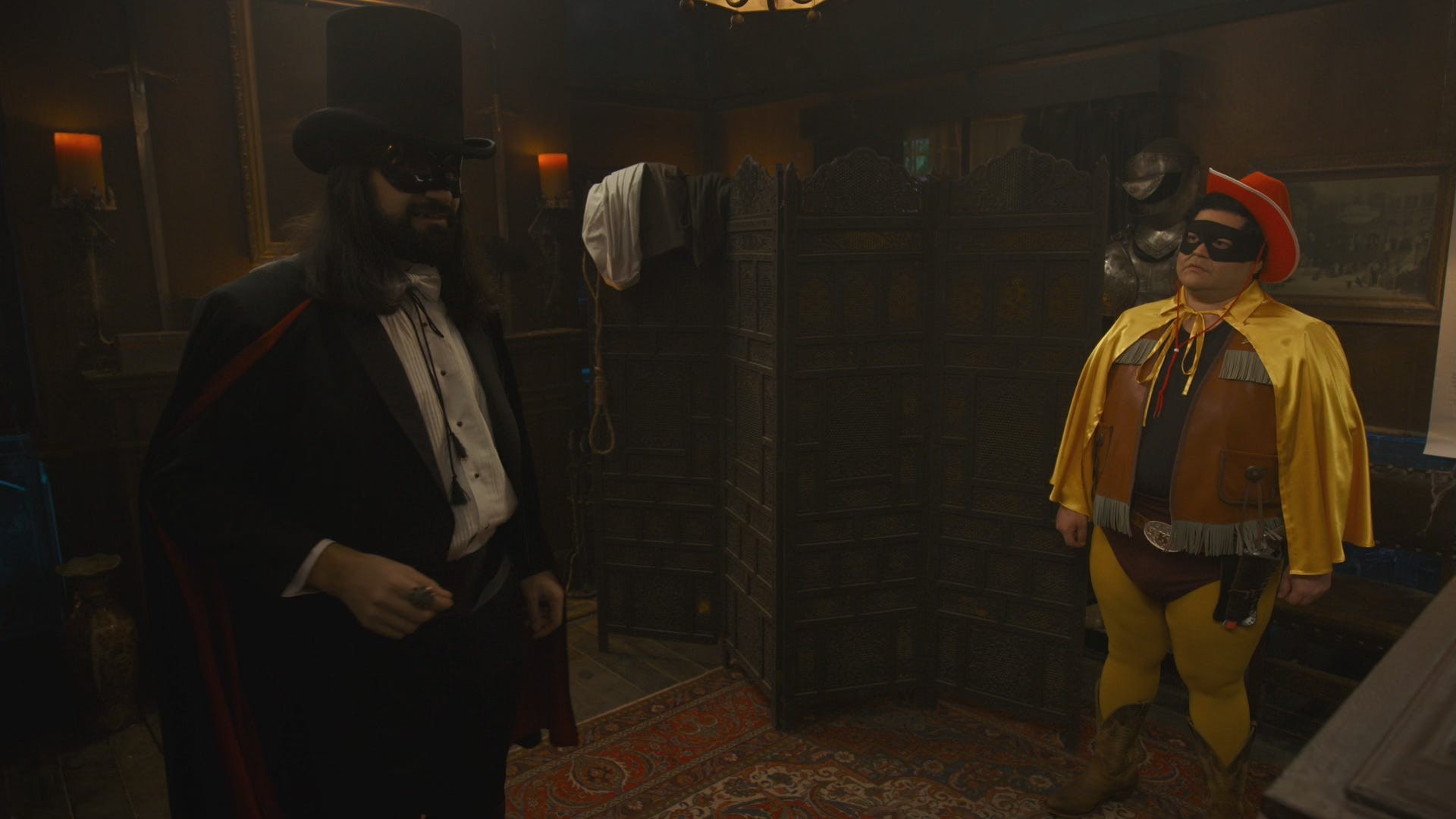 The main cast of What We Do in the Shadows Season 6, featuring Nandor the Relentless, Nadja of Nadja's, Laszlo Cravensworth, Colin Robinson, and Guillermo de la Cruz, in a scene from the final season of the hit FX comedy series.