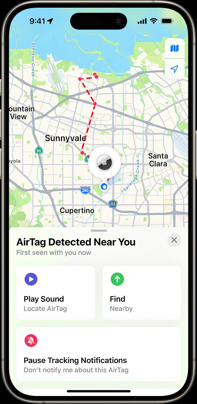 iPhone screen showing AirTag detected near you.