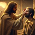 Jesus healing a blind man with spit, a biblical depiction of divine healing and compassion.