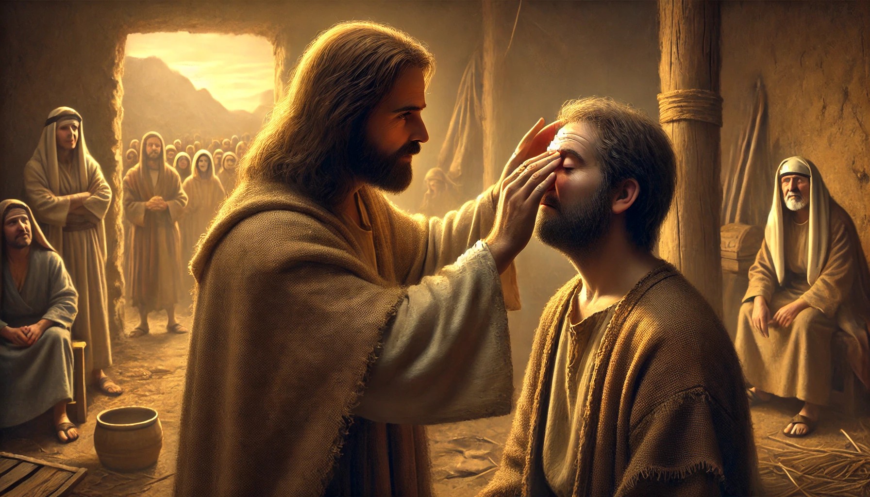 Jesus healing a blind man with spit, a biblical depiction of divine healing and compassion.