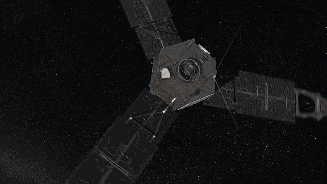 Animation of NASA's Juno spacecraft orbiting Jupiter and studying its bright auroras at the poles, highlighting Juno's mission to explore Jupiter.