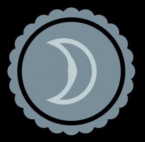 A Crescent Moon in light blue font on a darker blue background badge