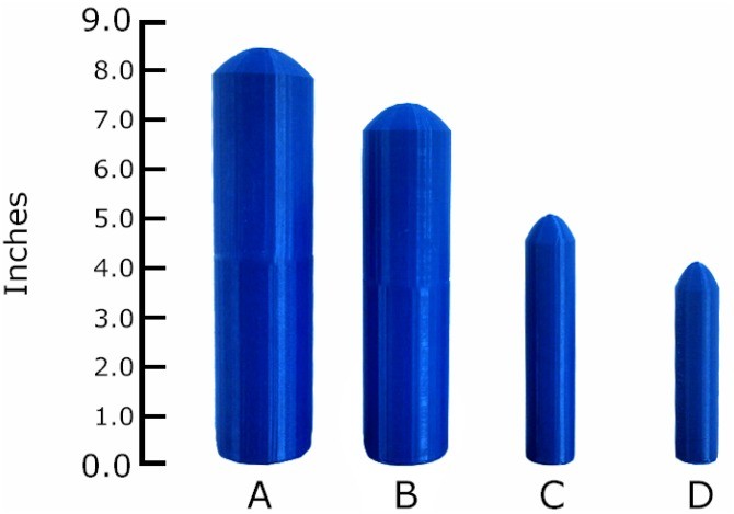 Examples of (4 of 33) 3D models showing length in inches. A and D represent the largest and smallest models in the set, respectively; B and C represent the two models (counterbalanced) used to test recall for size.