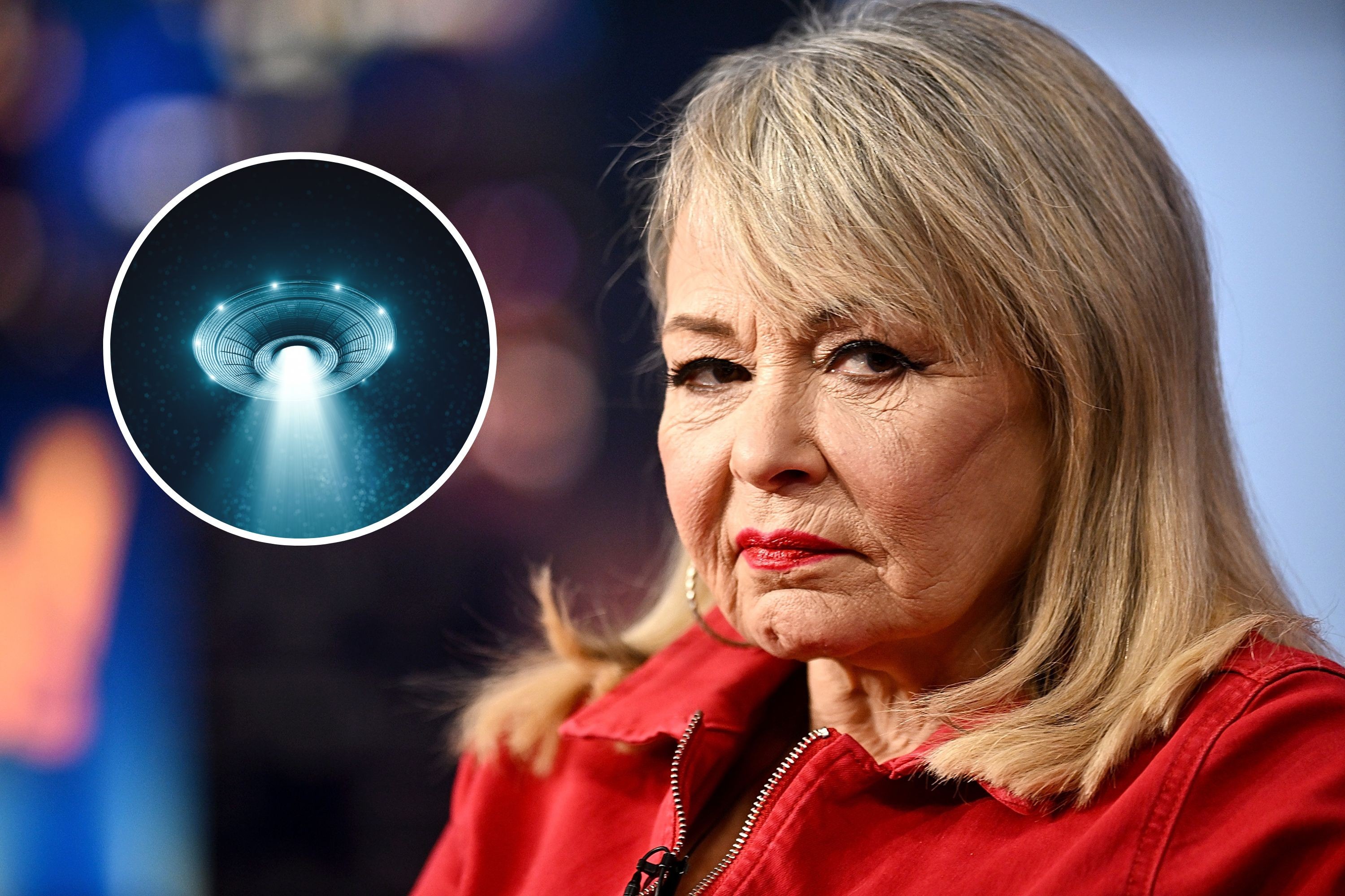 Roseanne Barr mentions Project Blue Beam conspiracy theory amid US drone sightings; inset shows a UFO. Conspiracy theory suggests faking alien invasion with holographic technology.