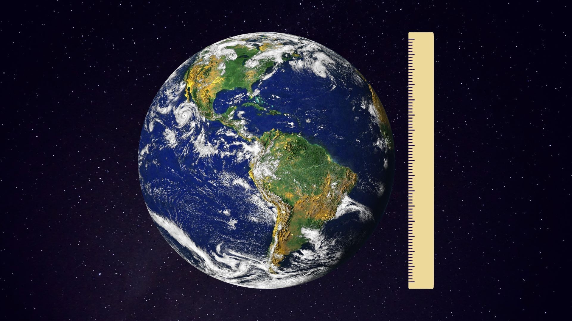 Earth graphic with a measuring tape next to it against a background of stars.