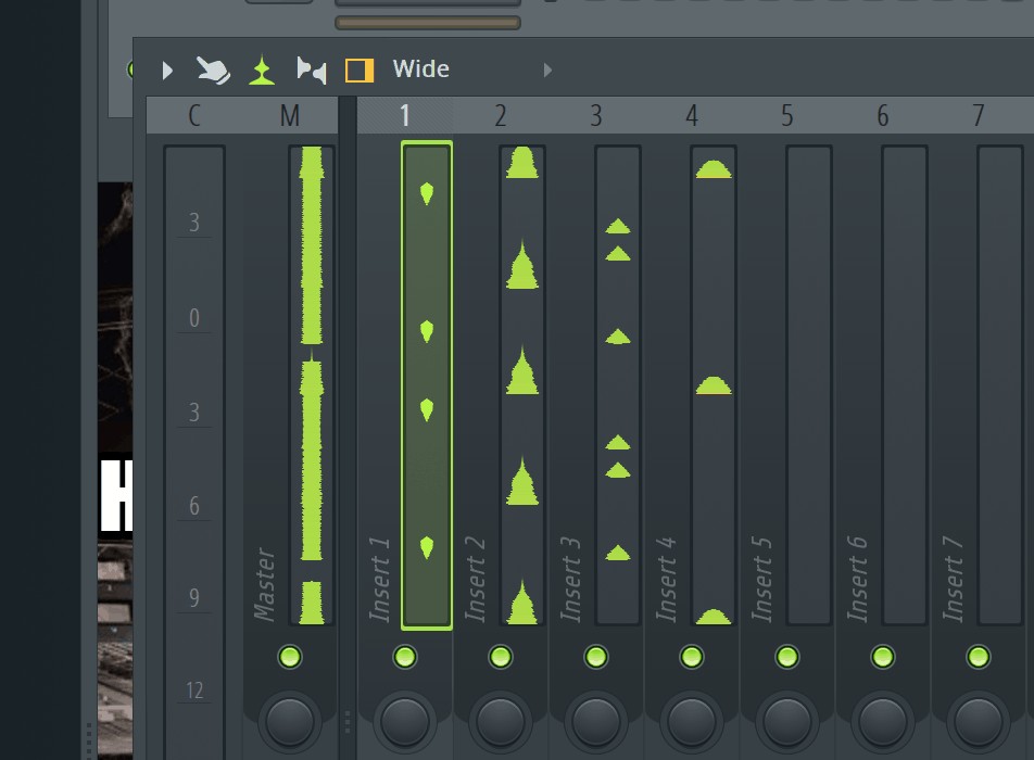 Close up of FL Studio mixer showing waveform