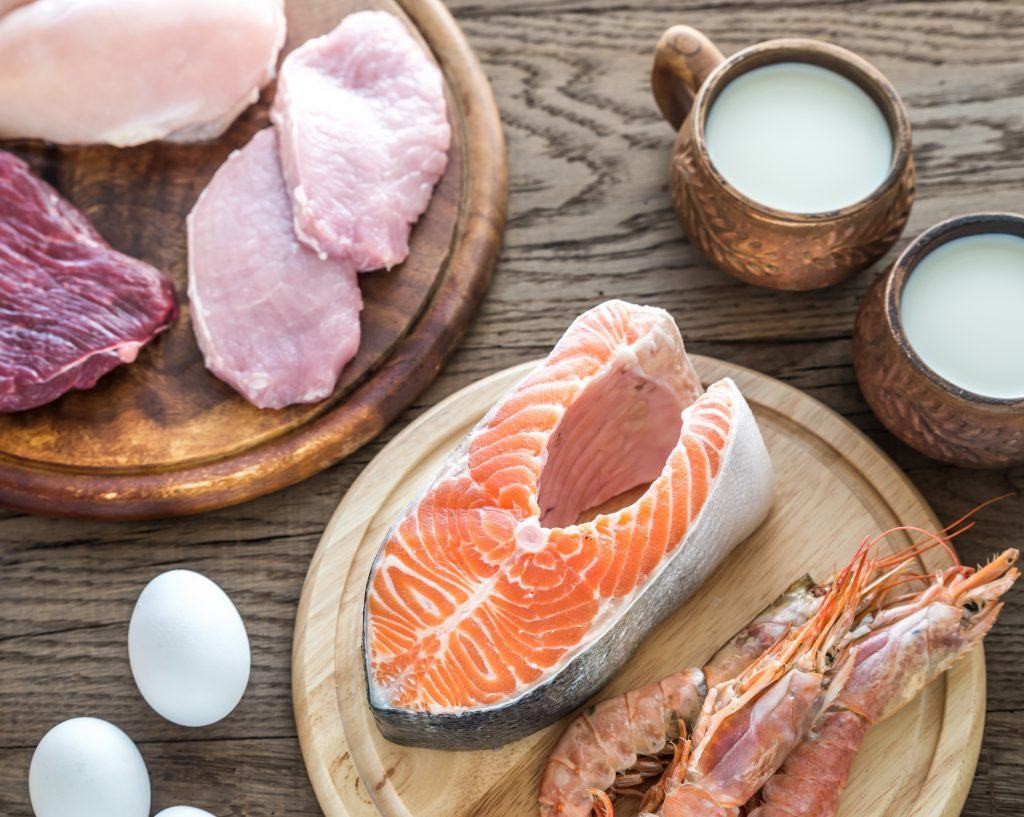 Variety of vitamin B12 rich foods including beef steak, salmon, eggs, milk, cheese, and shellfish, showcasing natural dietary sources of cobalamin.