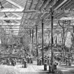 Vintage spinning room in Shadwell Rope Works, depicting early industrial machinery