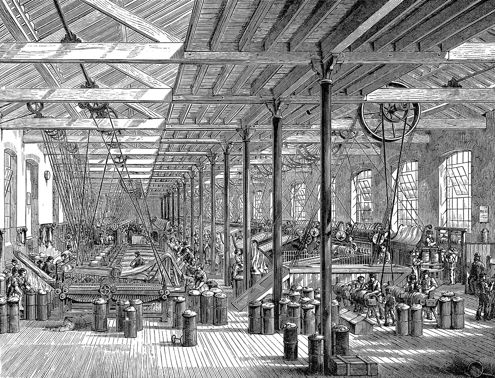 Vintage spinning room in Shadwell Rope Works, depicting early industrial machinery