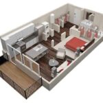 Studio apartment floorplan has less living space and storage space than even junior one bedroom apartments, but you will likely save money in a studio versus a one bedroom apartment.