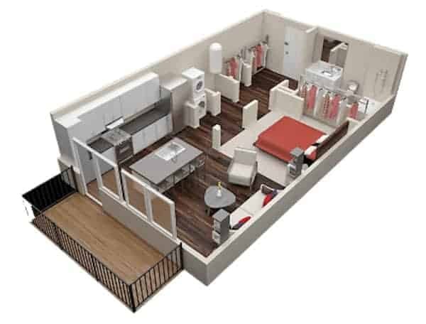 Studio apartment floorplan has less living space and storage space than even junior one bedroom apartments, but you will likely save money in a studio versus a one bedroom apartment.