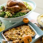 A Thanksgiving feast showcasing classic dishes like turkey, stuffing, mashed potatoes, gravy, carrots, and green beans, embodying the spirit of the holiday.