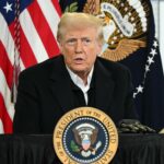 President Donald Trump speaks at a Hurricane Helene recovery briefing in a hangar at the Asheville Regional Airport in Fletcher, N.C., on Jan. 24, 2025.