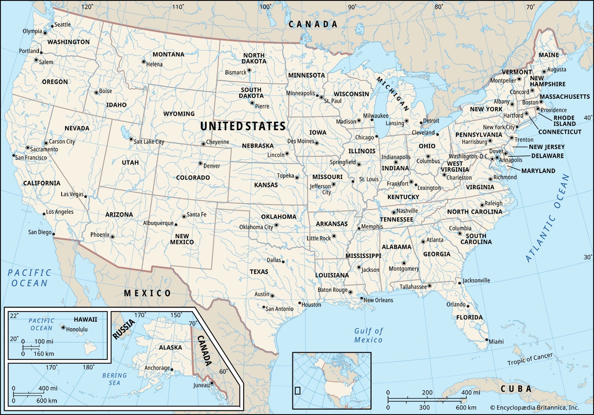 A detailed map of the USA showing state borders and capitals, emphasizing the size and location of each state within the country.